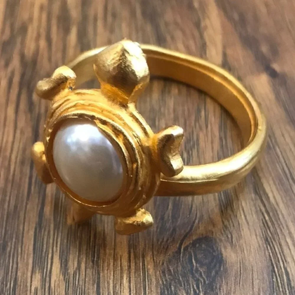 Vintage Edouard Rambaud gold and pearl turtle napkin rings
